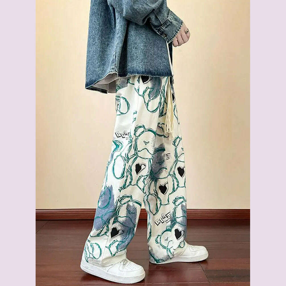 KIMLUD, Fashion Y2k Print Wide leg Baggy Pants Men Korean Designer Student Streetwear Straight Long Trousers Casual Sport Hip hop 2023, Blue / L, KIMLUD APPAREL - Womens Clothes