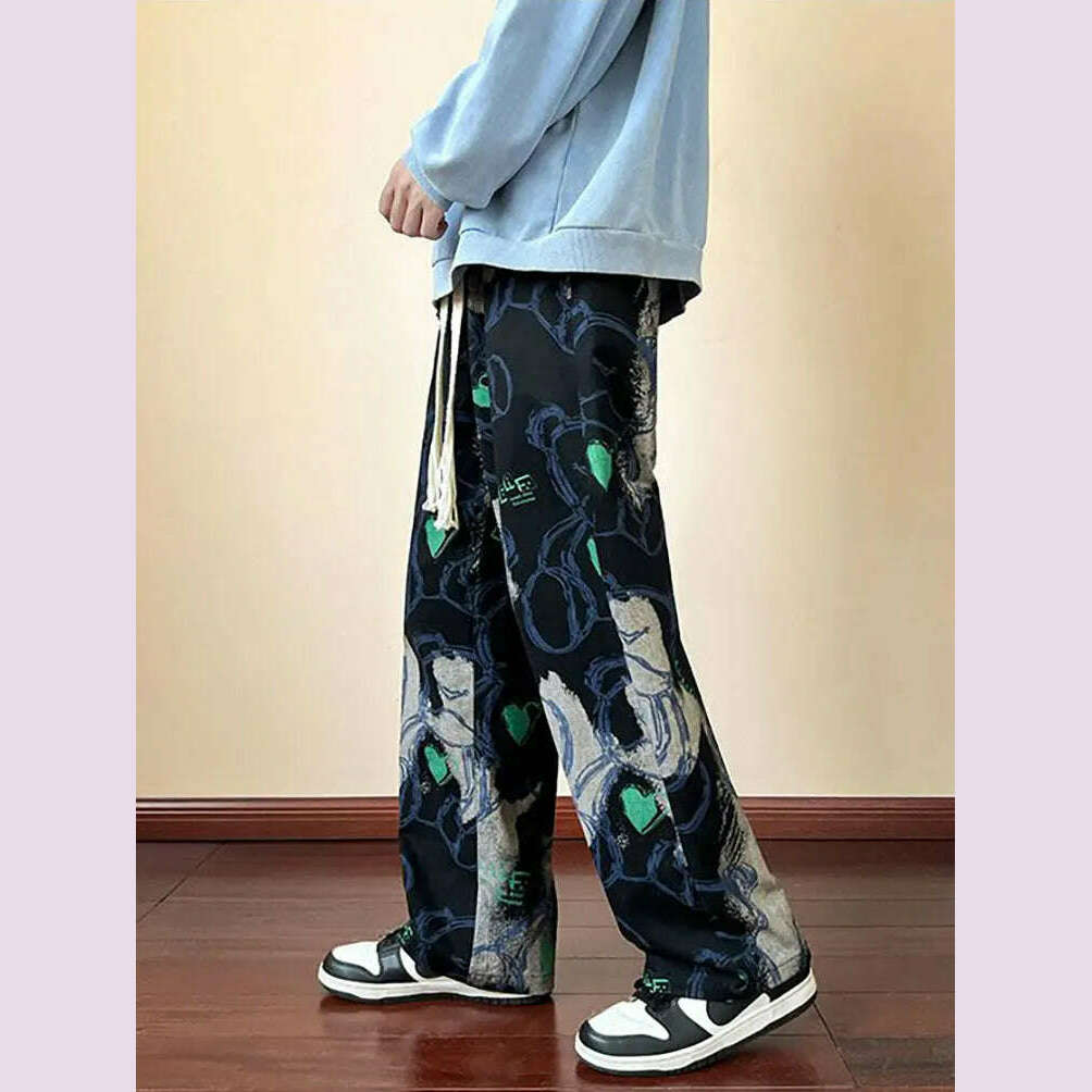 KIMLUD, Fashion Y2k Print Wide leg Baggy Pants Men Korean Designer Student Streetwear Straight Long Trousers Casual Sport Hip hop 2023, Black / S, KIMLUD APPAREL - Womens Clothes