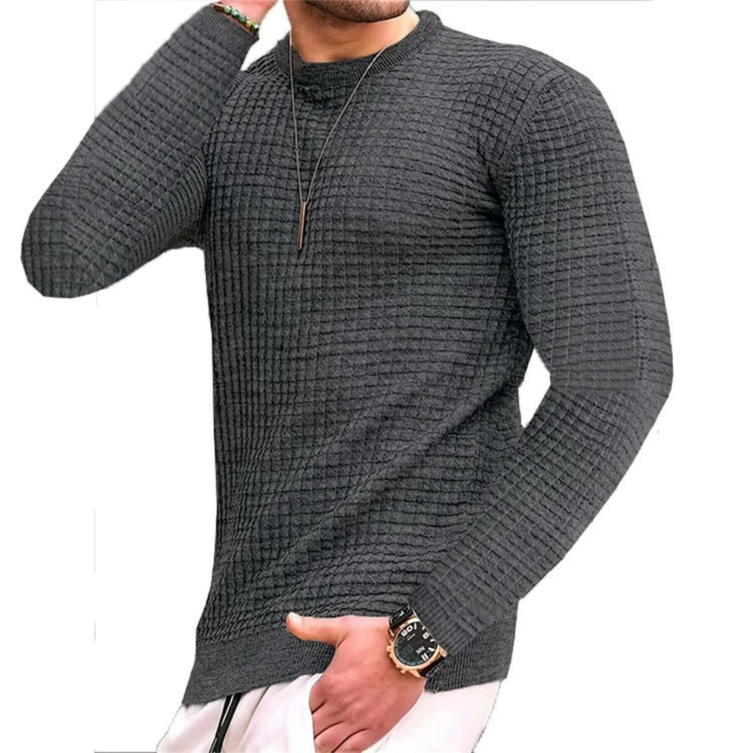 KIMLUD, Fashionable Men's Hoodie with Small Check Waffle Round Neck Jacquard Coat Youth Casual Sweatshirt, Dark Grey / XXL, KIMLUD APPAREL - Womens Clothes