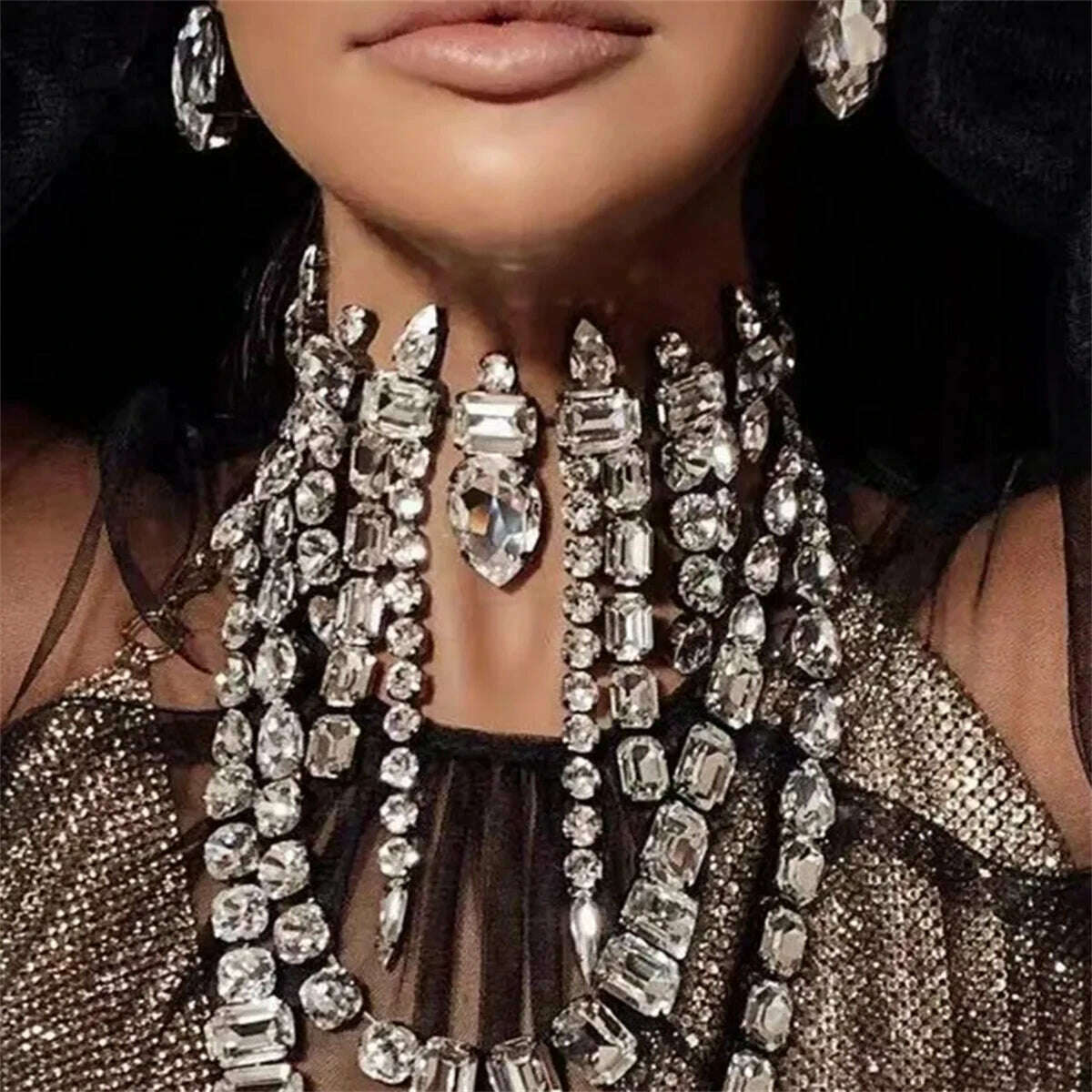 Fashionable Shiny Exaggerated Rhinestone Tassel Necklace Exquisite Luxury Bridal Wedding Jewelry Party Necklace Accessories - KIMLUD