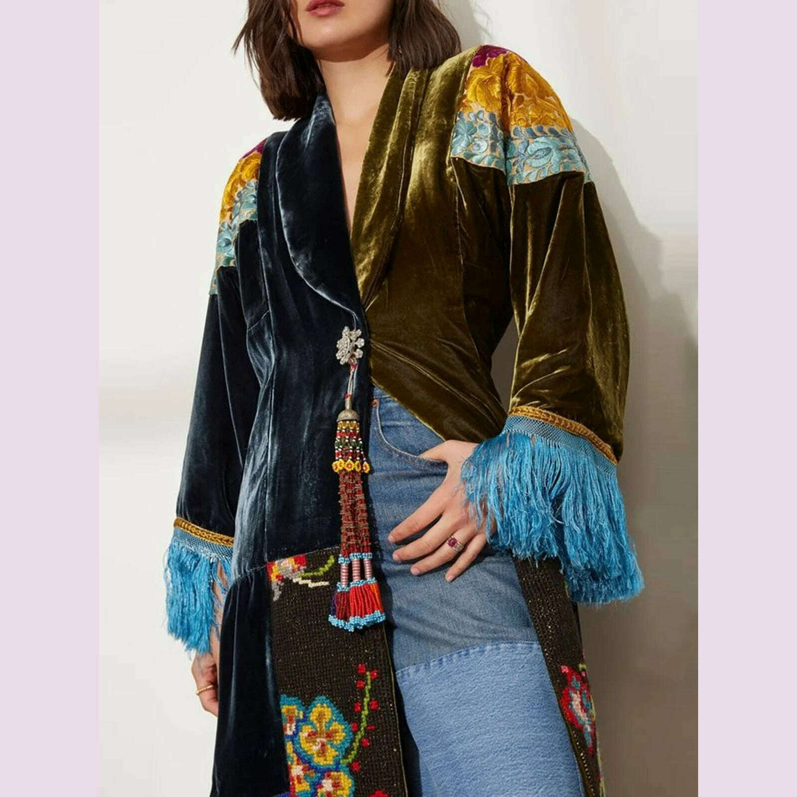 KIMLUD, Fashionable Women's Contrast Color Jacket Ethnic Pattern Print Patchwork Velvet Shawl Square Collar Tassel Long Sleeve Coat, KIMLUD Womens Clothes