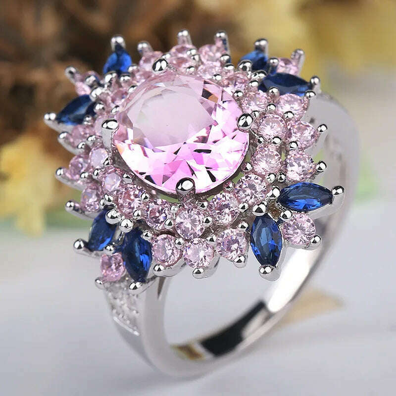 Fasion Real Solid 925 Sterling Silver Ring Women Gift AAA Multi Color Zircon Jewelry Blue Pave Flower Wedding Silver Rings Gift - KIMLUD