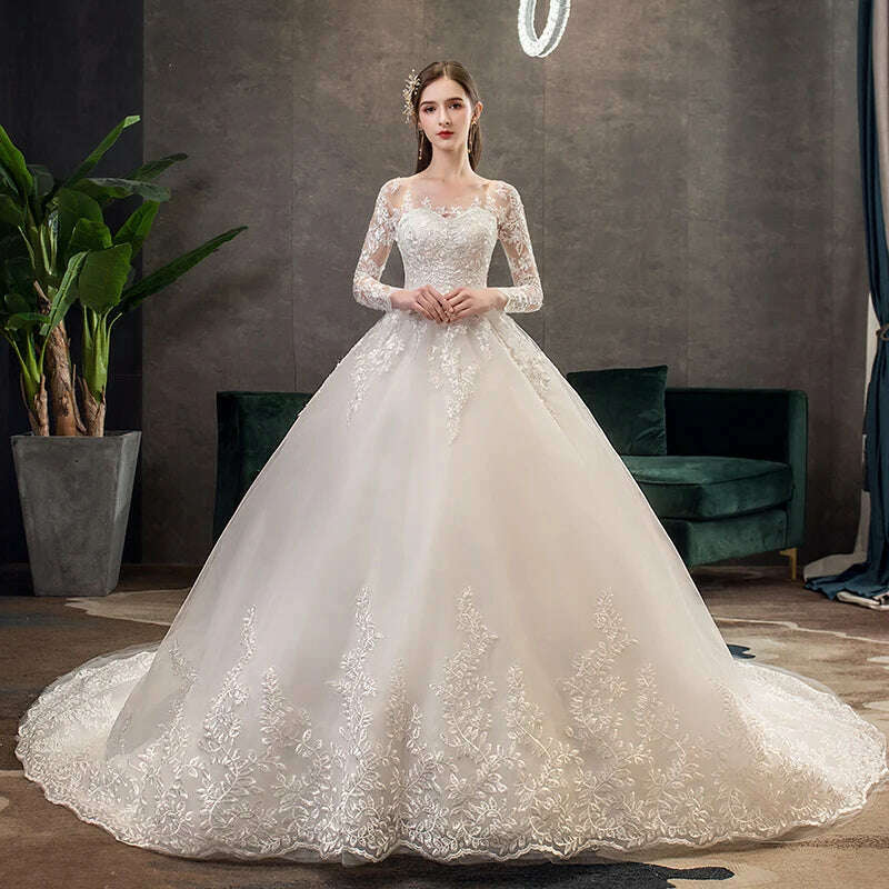 Fasthion Elegant Luxury Appliques Lace Pluse Size Wedding Dress Full Sleeves Long Train Bride Gown Vestidos De Noiva - KIMLUD