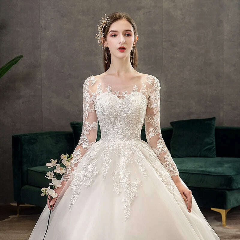 Fasthion Elegant Luxury Appliques Lace Pluse Size Wedding Dress Full Sleeves Long Train Bride Gown Vestidos De Noiva - KIMLUD