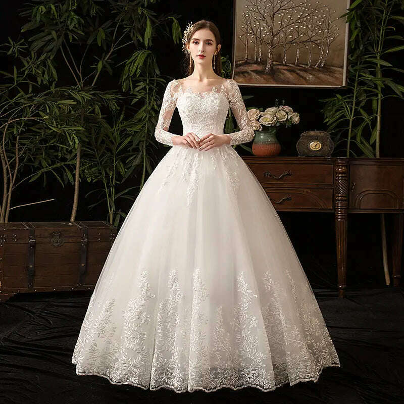 Fasthion Elegant Luxury Appliques Lace Pluse Size Wedding Dress Full Sleeves Long Train Bride Gown Vestidos De Noiva - KIMLUD