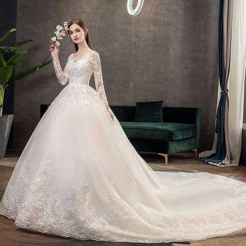 Fasthion Elegant Luxury Appliques Lace Pluse Size Wedding Dress Full Sleeves Long Train Bride Gown Vestidos De Noiva - KIMLUD