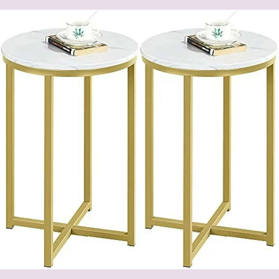 Faux Marble Side Table Set of 2, Round Table Accent Sofa Side Table w/Sturdy X-Based,Sturdy Metal Legs for Living Room/Office - KIMLUD