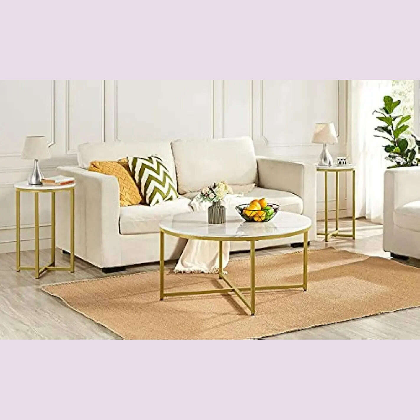 Faux Marble Side Table Set of 2, Round Table Accent Sofa Side Table w/Sturdy X-Based,Sturdy Metal Legs for Living Room/Office - KIMLUD