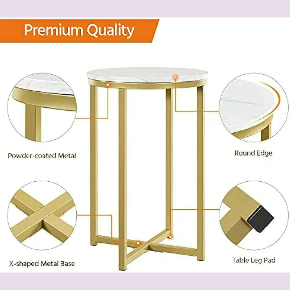 Faux Marble Side Table Set of 2, Round Table Accent Sofa Side Table w/Sturdy X-Based,Sturdy Metal Legs for Living Room/Office - KIMLUD