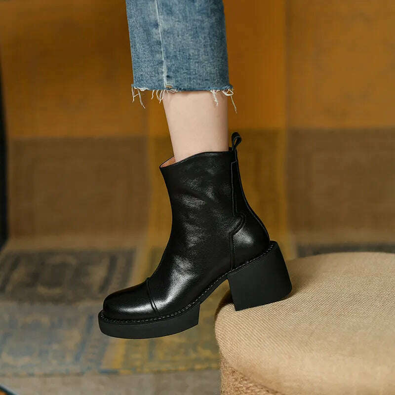 KIMLUD, FEDONAS Retro Mature Female Concise Women Ankle Boots Genuine Leather Thick Heels Autumn Winter Side Zipper Office Shoes Woman, KIMLUD Womens Clothes