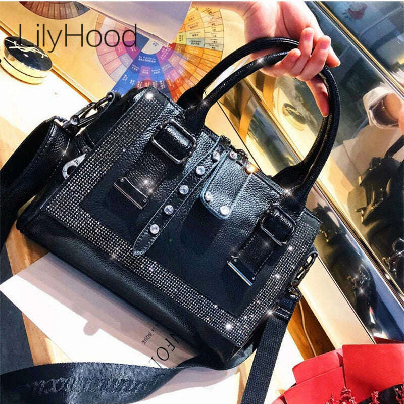 KIMLUD, Female Fashion Vegan Leather Glitter Shiny Rhinestone Medium Size Boston Bag Short Handles Work Commuter Daily Side Shoulder Bag, KIMLUD Womens Clothes