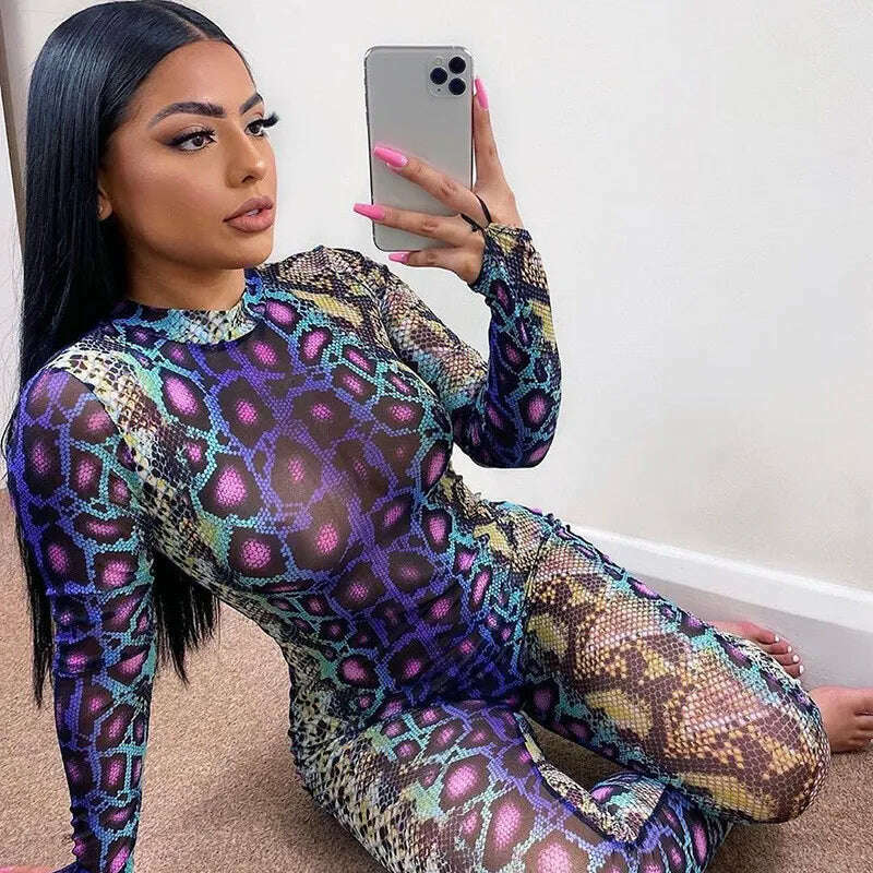 KIMLUD, Female Jumpsuit Women Serpentine Print Round Neck Long Sleeve Jumpsuit Bodysuit Bodycon Jumpsuit Skinny Jumpsuit Streetwear hot, S, KIMLUD APPAREL - Womens Clothes