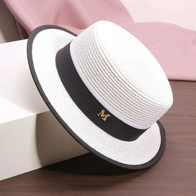 Female Summer Outing Beach Hat Beach Sun Shading and Sun Protection Grass Hat Flat Top Hat - KIMLUD