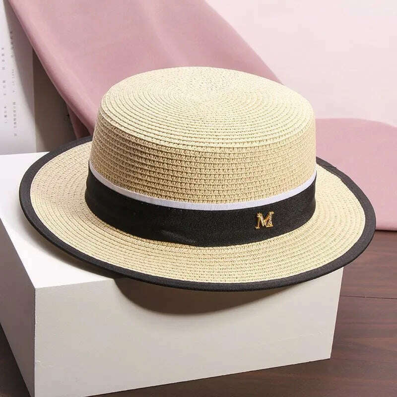 Female Summer Outing Beach Hat Beach Sun Shading and Sun Protection Grass Hat Flat Top Hat - KIMLUD