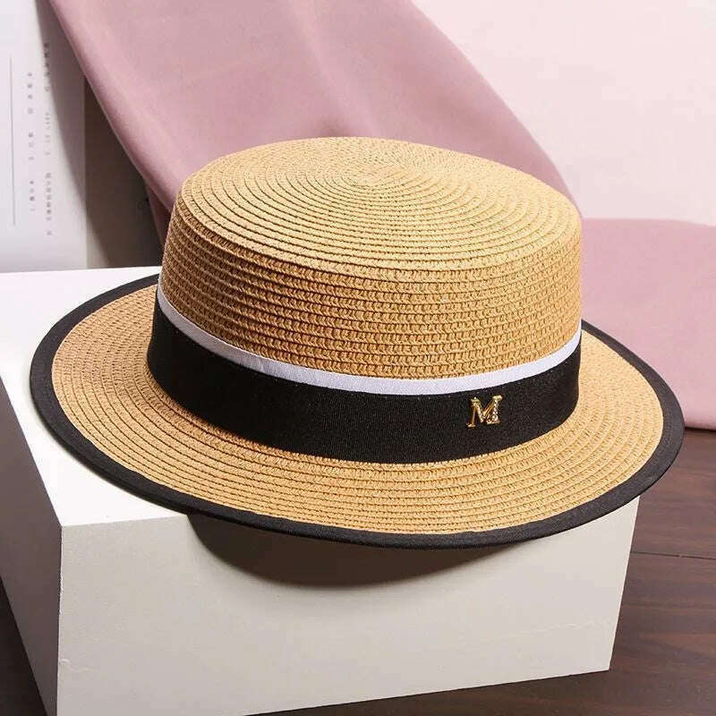 KIMLUD, Female Summer Outing Beach Hat Beach Sun Shading and Sun Protection  Grass Hat Flat  Top Hat, Khaki, KIMLUD APPAREL - Womens Clothes