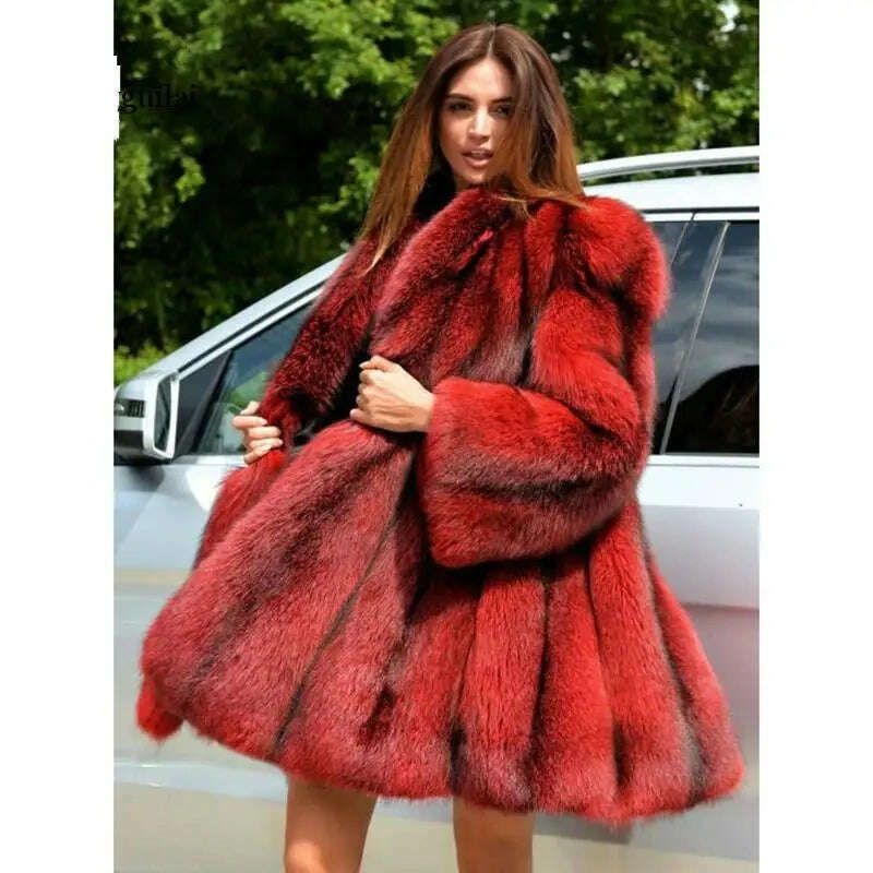 KIMLUD, Fengguilai Winter fake Fox Fur Coat Women Whole Skin Genuine Fox Fur Female Jacket With Long Turn-down Collar Luxury Fur Coat, KIMLUD Womens Clothes