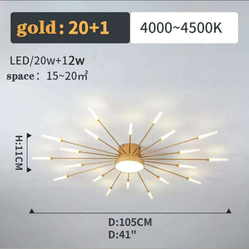 KIMLUD, Firework Shape Ceiling Lamp New Led Aisle Light for Study Room Bedroom Foyer Kitchen Indoor Lighting Villa Apartment Chandelier, Gold 20 and1 Heads / Neutral Light, KIMLUD APPAREL - Womens Clothes