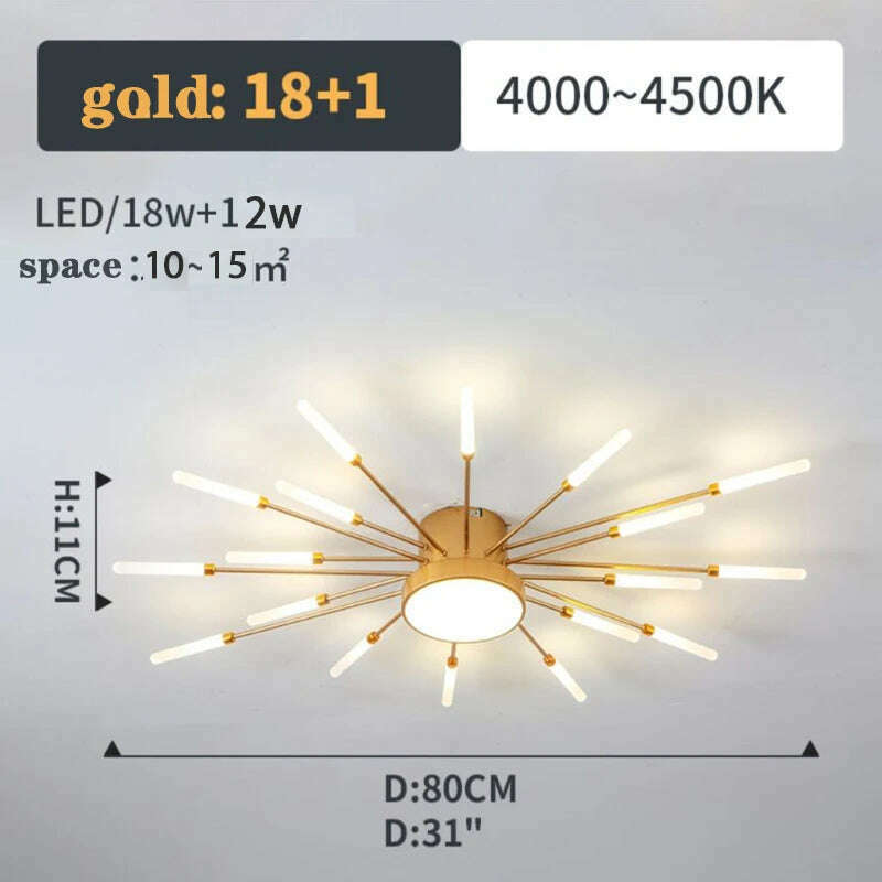 KIMLUD, Firework Shape Ceiling Lamp New Led Aisle Light for Study Room Bedroom Foyer Kitchen Indoor Lighting Villa Apartment Chandelier, Gold 18 and1 Heads / Neutral Light, KIMLUD APPAREL - Womens Clothes