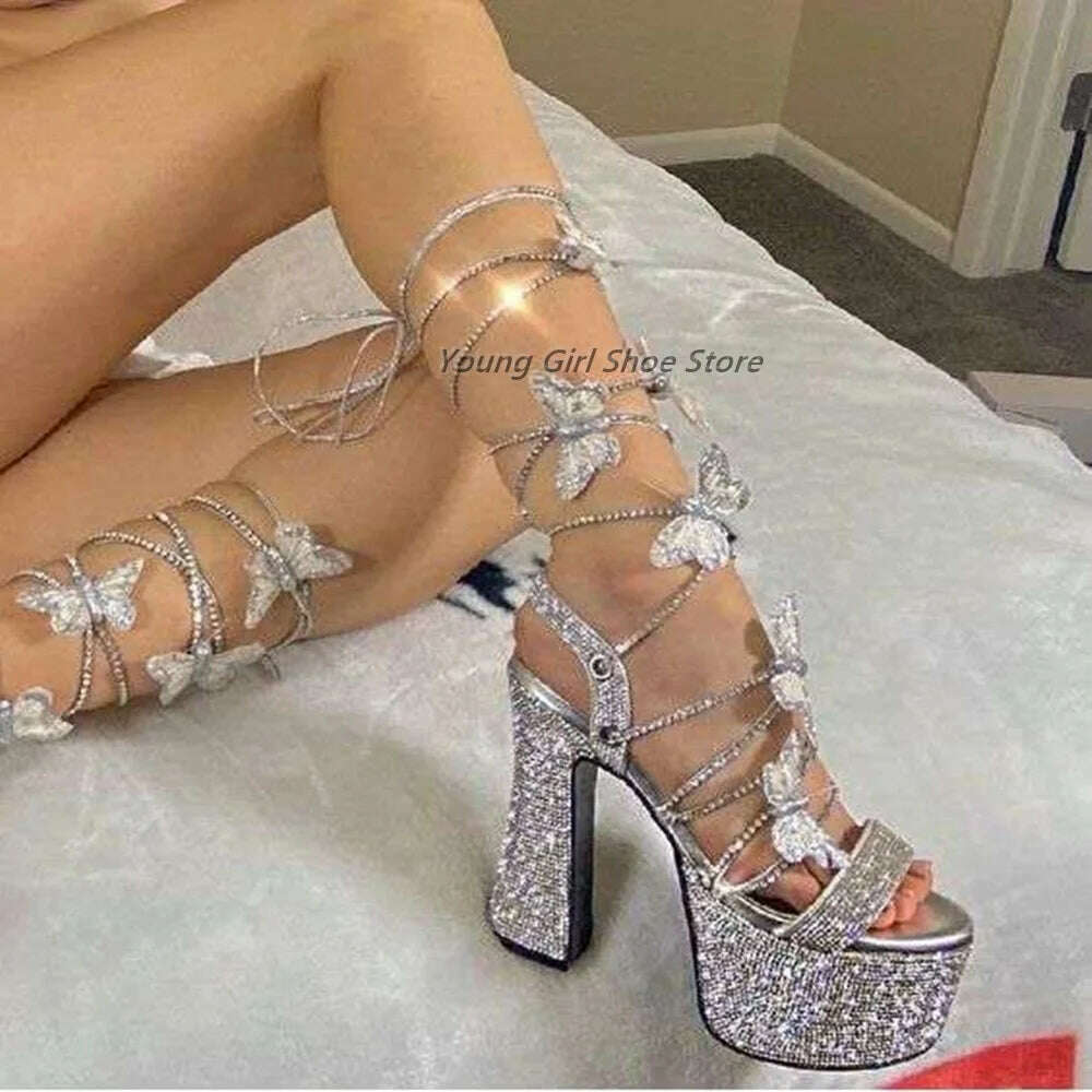 KIMLUD, Flash Drill Chain Sandals Platform Round Open Toe Chunky Butterfly 2023 Summer Hot Sale Fashion Binding Shoes Party Stilettos, Silver / 44, KIMLUD APPAREL - Womens Clothes