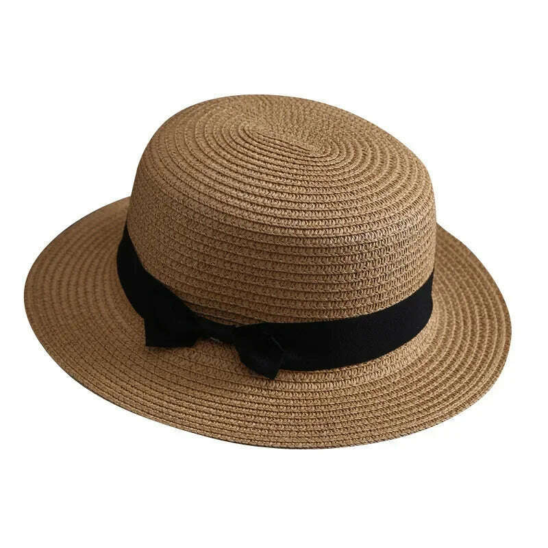 Flat Hat Women's Summer Vacation Beach Panama Straw Hat, French Beach Hat, Straw Woven Sun Shading and Sun Protection Gift Hat - KIMLUD