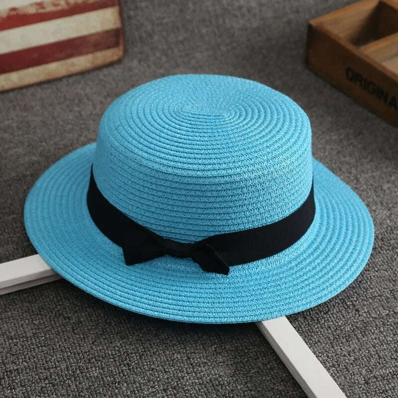 KIMLUD, Flat Hat Women's Summer Vacation Beach Panama Straw Hat, French Beach Hat, Straw Woven Sun Shading and Sun Protection Gift Hat, blue, KIMLUD APPAREL - Womens Clothes