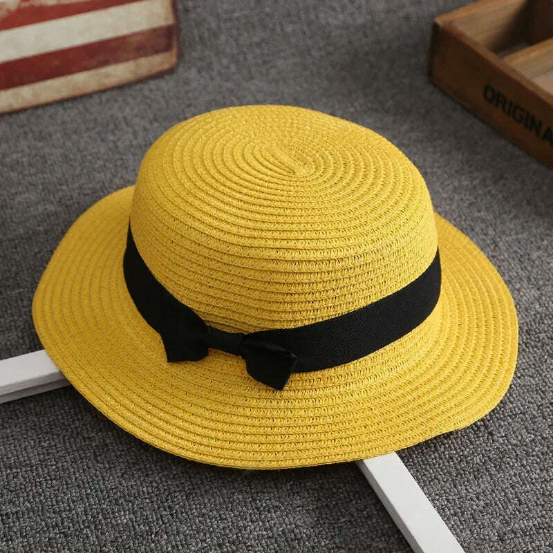 Flat Hat Women's Summer Vacation Beach Panama Straw Hat, French Beach Hat, Straw Woven Sun Shading and Sun Protection Gift Hat - KIMLUD