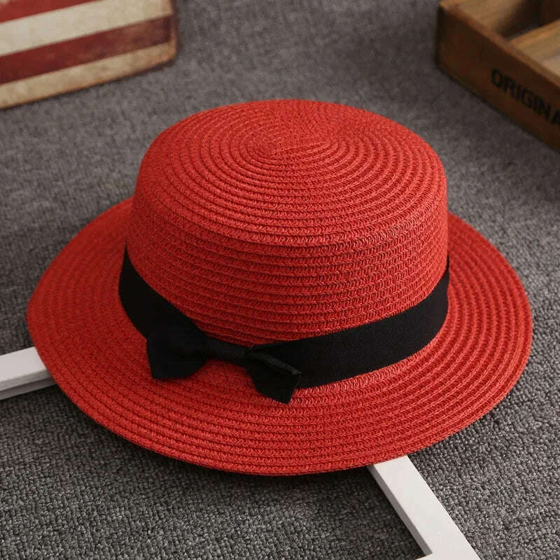 KIMLUD, Flat Hat Women's Summer Vacation Beach Panama Straw Hat, French Beach Hat, Straw Woven Sun Shading and Sun Protection Gift Hat, Watermelon Red, KIMLUD APPAREL - Womens Clothes