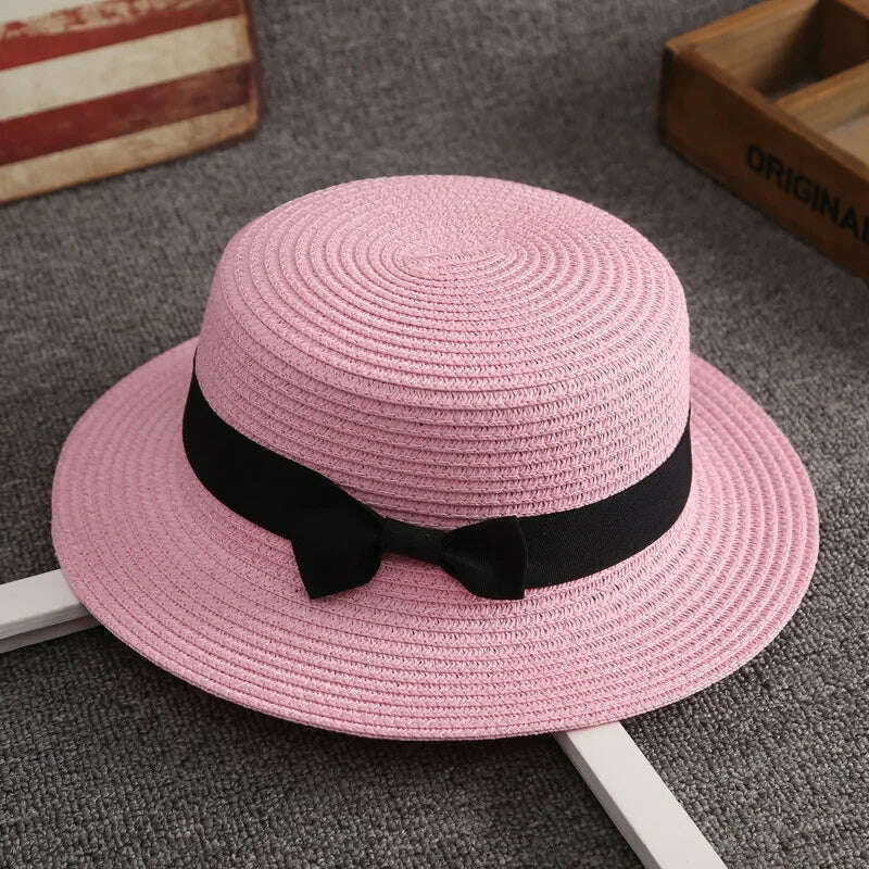 KIMLUD, Flat Hat Women's Summer Vacation Beach Panama Straw Hat, French Beach Hat, Straw Woven Sun Shading and Sun Protection Gift Hat, Pink, KIMLUD APPAREL - Womens Clothes