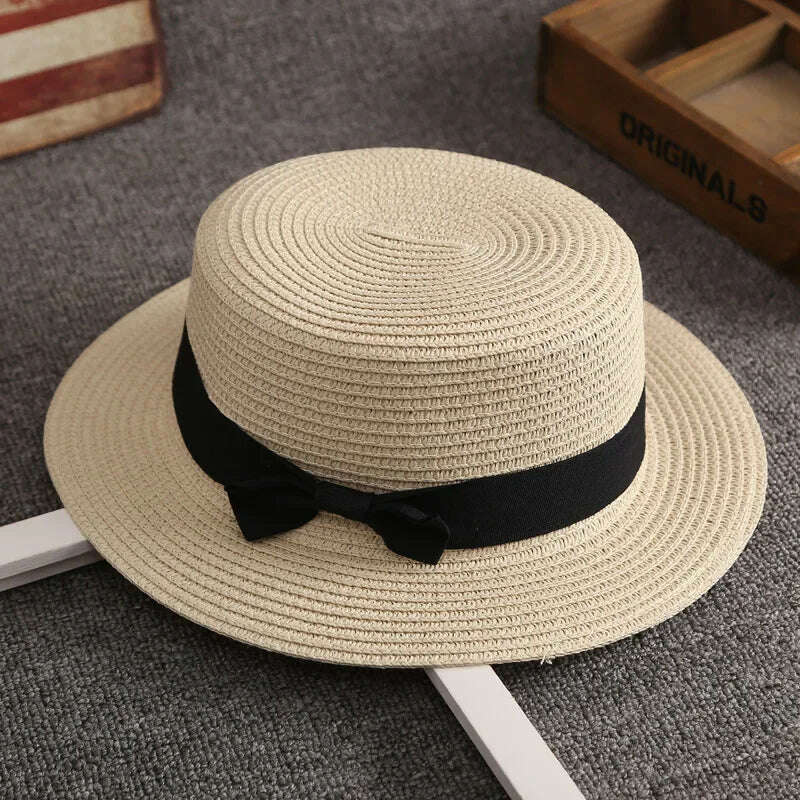 KIMLUD, Flat Hat Women's Summer Vacation Beach Panama Straw Hat, French Beach Hat, Straw Woven Sun Shading and Sun Protection Gift Hat, Beige, KIMLUD APPAREL - Womens Clothes