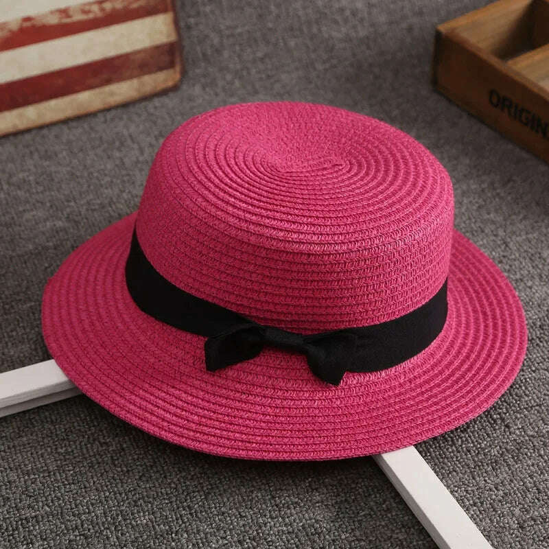 KIMLUD, Flat Hat Women's Summer Vacation Beach Panama Straw Hat, French Beach Hat, Straw Woven Sun Shading and Sun Protection Gift Hat, Rose Red, KIMLUD APPAREL - Womens Clothes