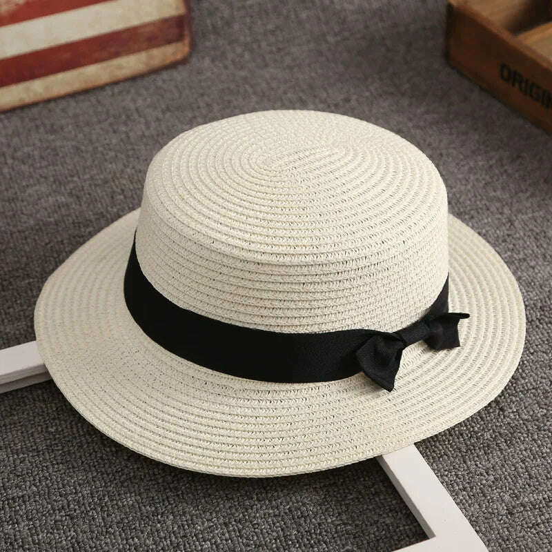 Flat Hat Women's Summer Vacation Beach Panama Straw Hat, French Beach Hat, Straw Woven Sun Shading and Sun Protection Gift Hat - KIMLUD