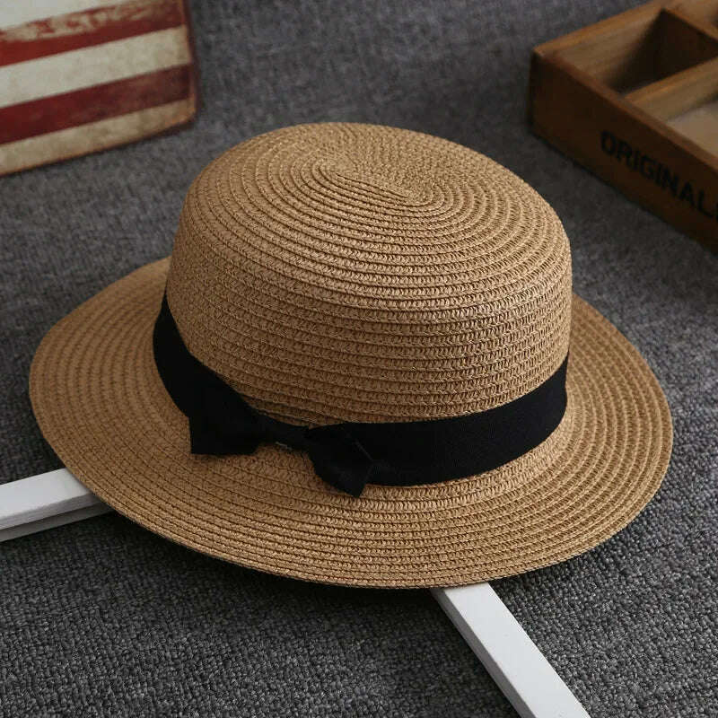 Flat Hat Women's Summer Vacation Beach Panama Straw Hat, French Beach Hat, Straw Woven Sun Shading and Sun Protection Gift Hat - KIMLUD