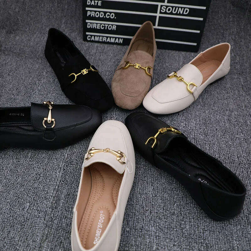 Flat Shoes Women's 2022 New Breathable Small Leather Shoes Comfortable Lefu Shoes Fashionable Metal Buckle Casual Women's Shoes - KIMLUD