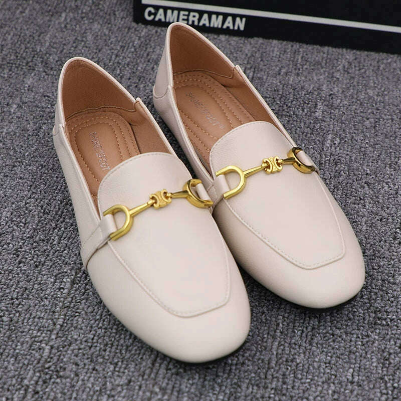 Flat Shoes Women's 2022 New Breathable Small Leather Shoes Comfortable Lefu Shoes Fashionable Metal Buckle Casual Women's Shoes - KIMLUD