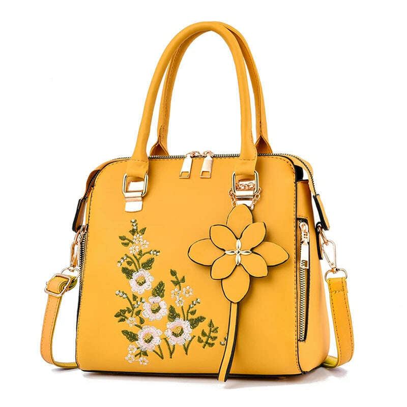 Floral Detail Shoulder Bag, Trendy Zipper Handbag For Work, Casual Crossbody Bag, Women's Floral Decor Purse - KIMLUD