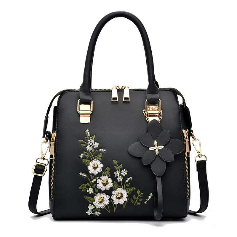 Floral Detail Shoulder Bag, Trendy Zipper Handbag For Work, Casual Crossbody Bag, Women's Floral Decor Purse - KIMLUD