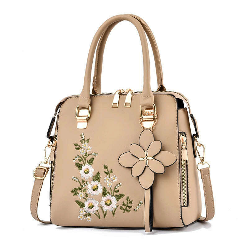 Floral Detail Shoulder Bag, Trendy Zipper Handbag For Work, Casual Crossbody Bag, Women's Floral Decor Purse - KIMLUD