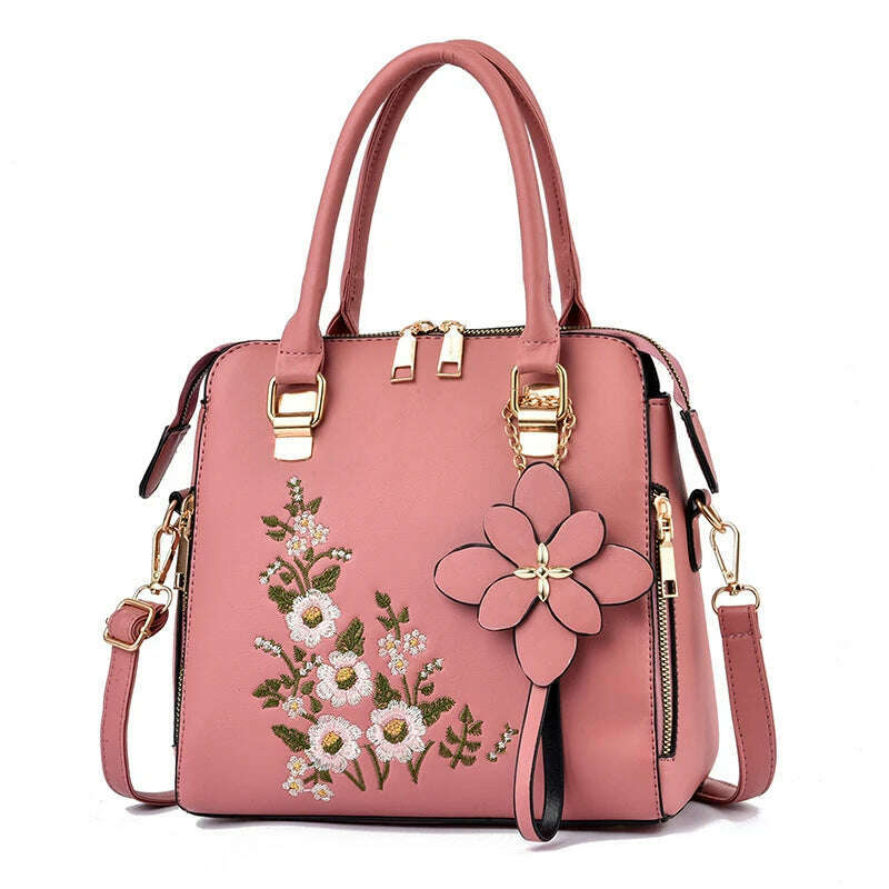 Floral Detail Shoulder Bag, Trendy Zipper Handbag For Work, Casual Crossbody Bag, Women's Floral Decor Purse - KIMLUD