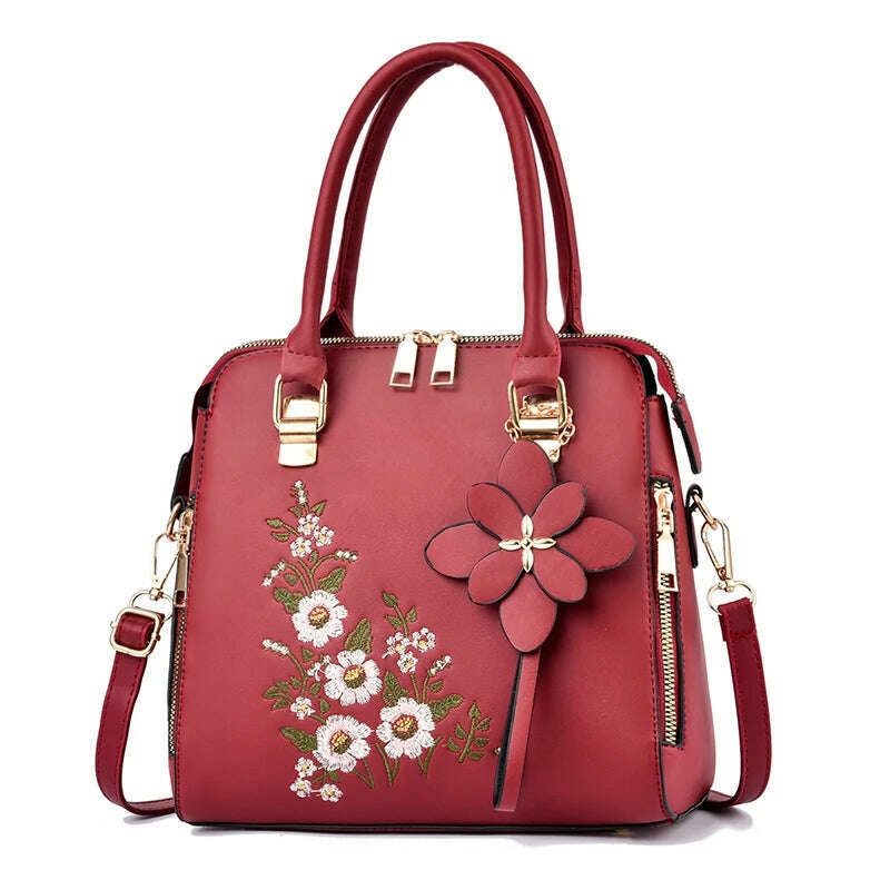 Floral Detail Shoulder Bag, Trendy Zipper Handbag For Work, Casual Crossbody Bag, Women's Floral Decor Purse - KIMLUD