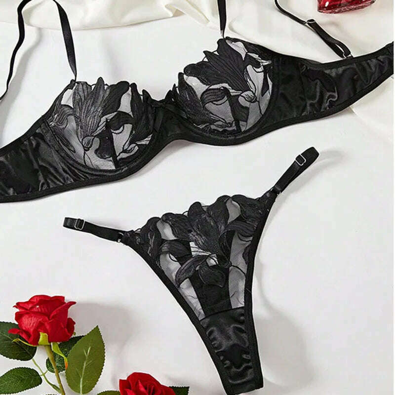 Floral Sexy Bra Sets for Women Lace Fancy Luxury Romantic Lingerie Underwear See Through Exotic Sets Embroidery Bra Brief Sets - KIMLUD