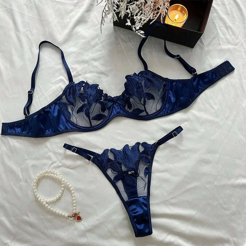 KIMLUD, Floral Sexy Bra Sets for Women Lace Fancy Luxury Romantic Lingerie Underwear See Through Exotic Sets Embroidery Bra Brief Sets, Navy Blue / XL, KIMLUD APPAREL - Womens Clothes