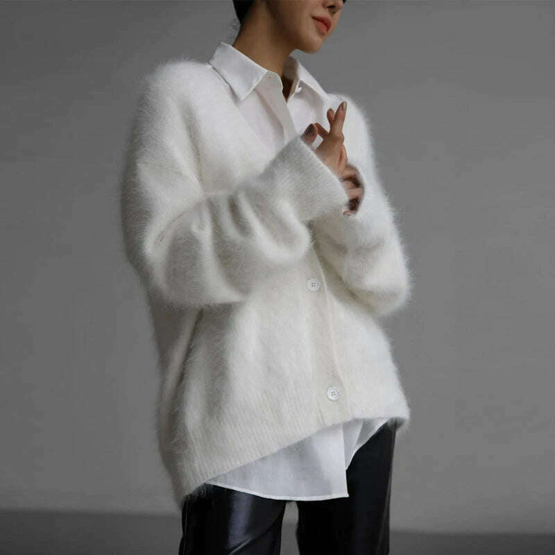 KIMLUD, Fluffy Mohair Cardigan For Women V-Neck Button Up Oversize Cardigan Sweater Autumn Winter Warm Knitted Outerwear, KIMLUD Womens Clothes