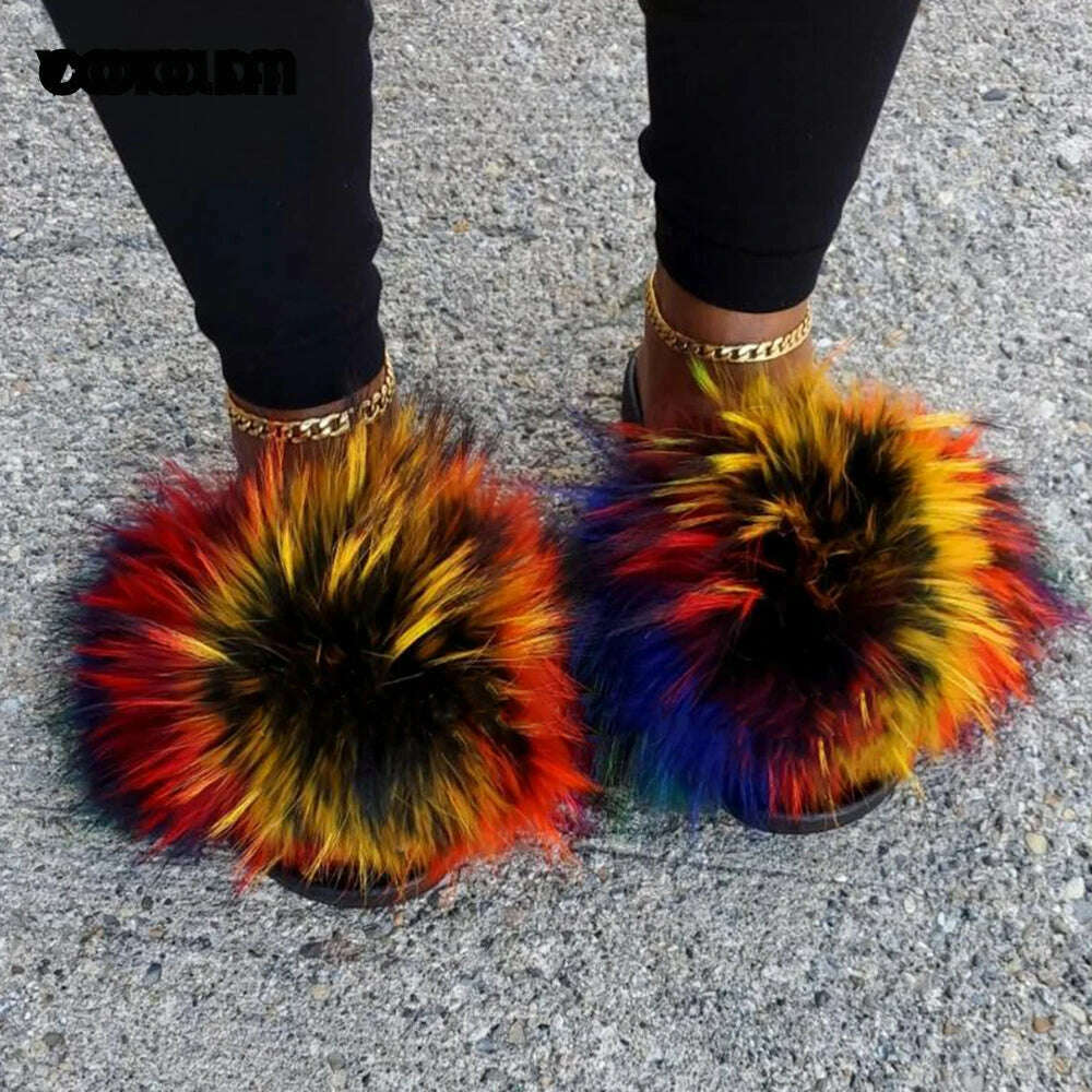 KIMLUD, Fluffy Raccoon Fur Slippers Shoes Women Fur Flip Flop Flat Furry Fur Slides Outdoor Sandals  Fuzzy Slippers Woman Amazing Shoes, KIMLUD Womens Clothes