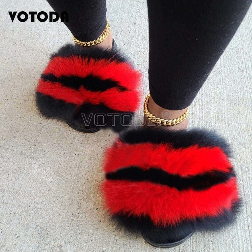 KIMLUD, Fluffy Raccoon Fur Slippers Shoes Women Fur Flip Flop Flat Furry Fur Slides Outdoor Sandals  Fuzzy Slippers Woman Amazing Shoes, KIMLUD Womens Clothes