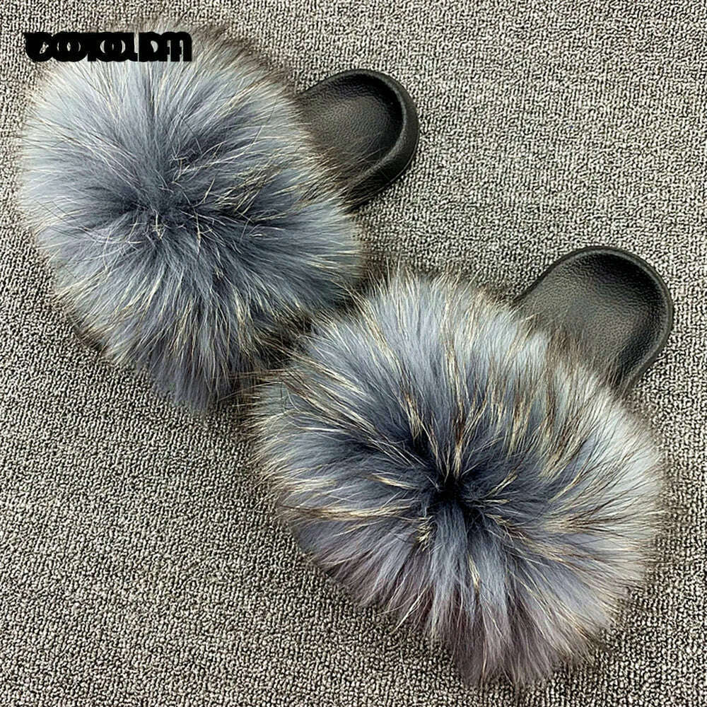 KIMLUD, Fluffy Raccoon Fur Slippers Shoes Women Fur Flip Flop Flat Furry Fur Slides Outdoor Sandals  Fuzzy Slippers Woman Amazing Shoes, KIMLUD Womens Clothes