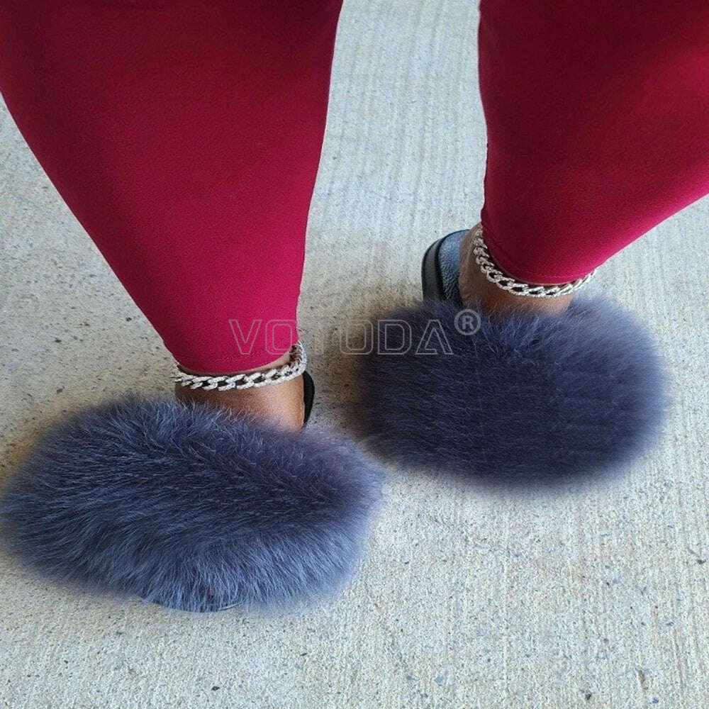 KIMLUD, Fluffy Raccoon Fur Slippers Shoes Women Fur Flip Flop Flat Furry Fur Slides Outdoor Sandals  Fuzzy Slippers Woman Amazing Shoes, KIMLUD Womens Clothes