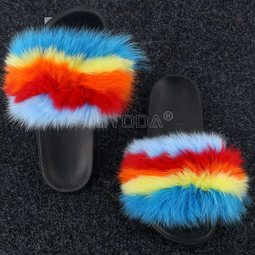 KIMLUD, Fluffy Raccoon Fur Slippers Shoes Women Fur Flip Flop Flat Furry Fur Slides Outdoor Sandals  Fuzzy Slippers Woman Amazing Shoes, As picture / 11, KIMLUD APPAREL - Womens Clothes