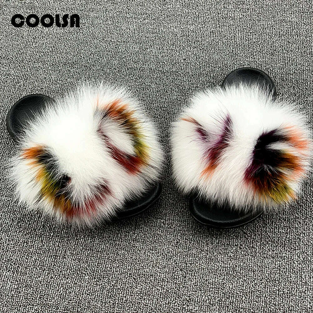 KIMLUD, Fluffy Raccoon Fur Slippers Shoes Women Fur Flip Flop Flat Furry Fur Slides Outdoor Sandals  Fuzzy Slippers Woman Amazing Shoes, mixed LOVE / 9, KIMLUD APPAREL - Womens Clothes