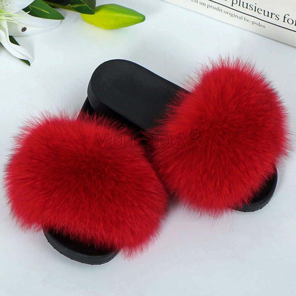 KIMLUD, Fluffy Raccoon Fur Slippers Shoes Women Fur Flip Flop Flat Furry Fur Slides Outdoor Sandals  Fuzzy Slippers Woman Amazing Shoes, RED / 11, KIMLUD APPAREL - Womens Clothes