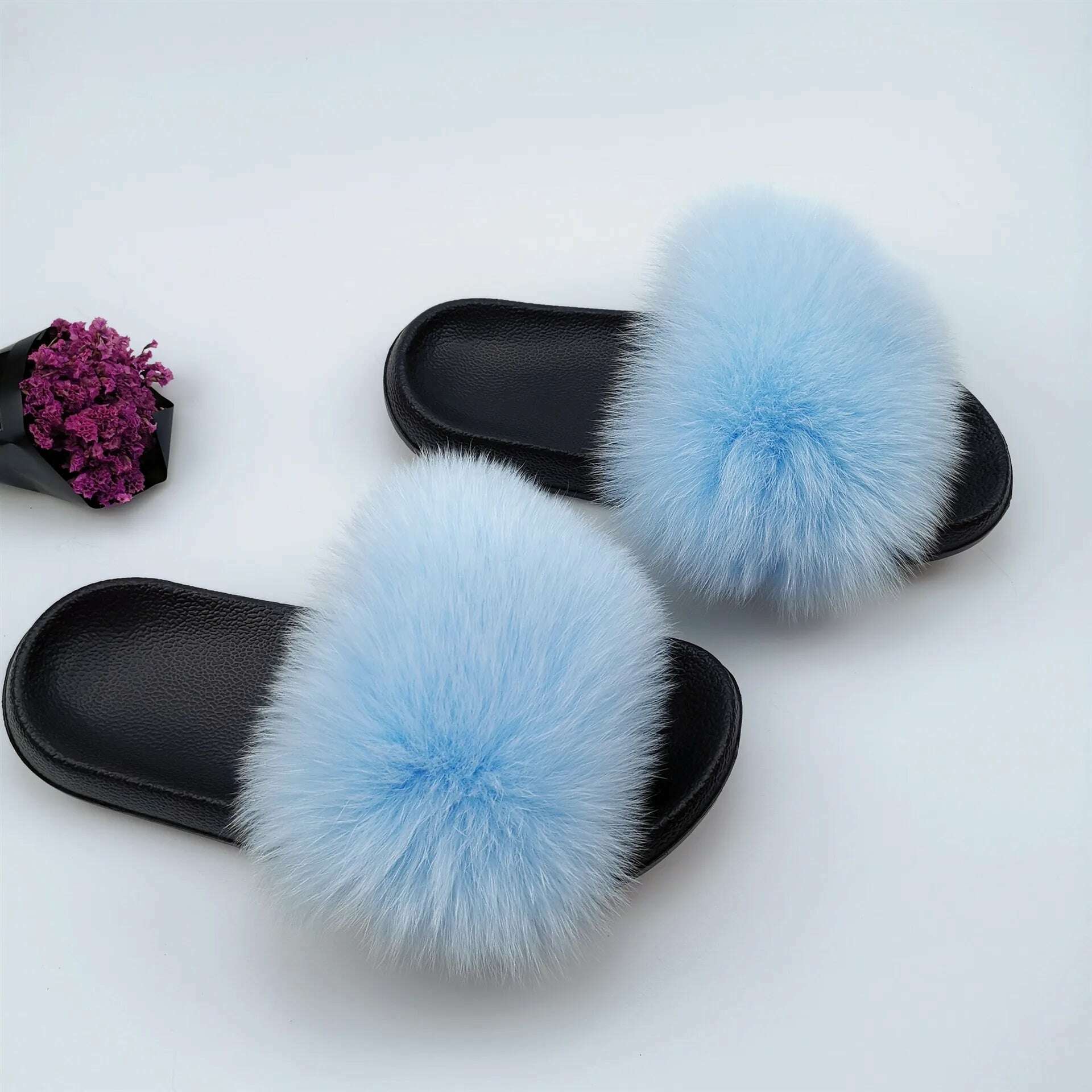 KIMLUD, Fluffy Raccoon Fur Slippers Shoes Women Fur Flip Flop Flat Furry Fur Slides Outdoor Sandals  Fuzzy Slippers Woman Amazing Shoes, sky blue / 7, KIMLUD APPAREL - Womens Clothes